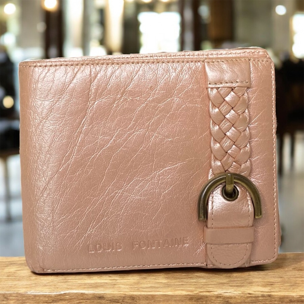 Vintage Louis Fontaine Leather Wallet Braided Accent Pale Pink Fold Over